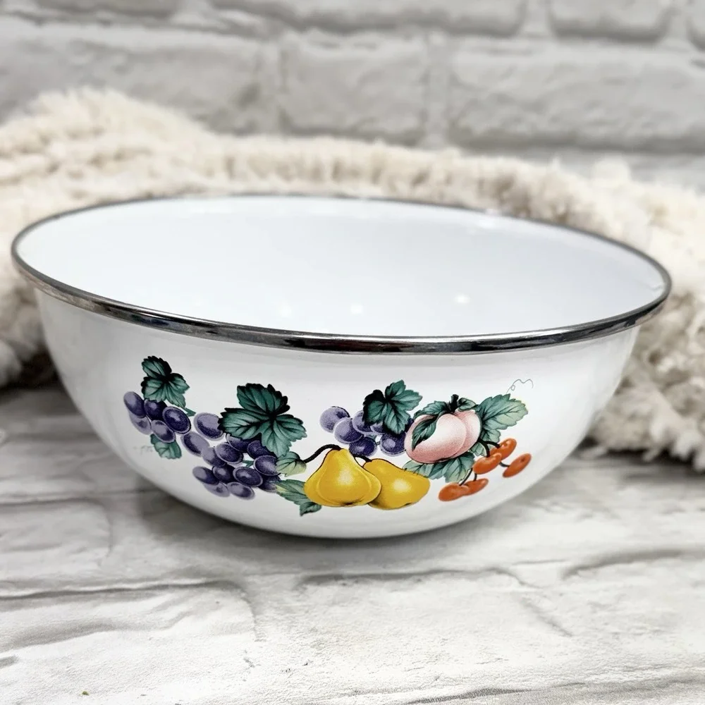 Vtg GMI Garden Harvest Fruit Enamelware Nesting Bowls Set Of 3 Country Farmhouse